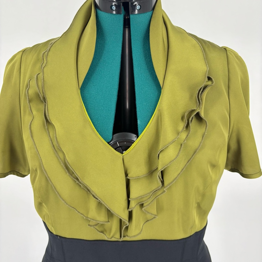 le chateau Chartreuse and Black Short Sleeve Ruffle Neck Wiggle Skirt, Large - Picture 3 of 17